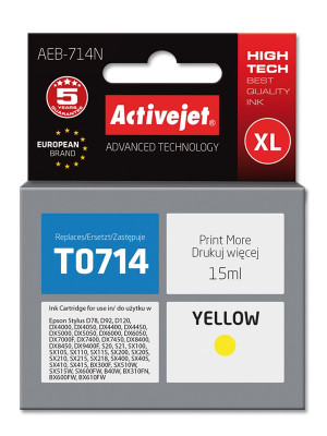Activejet AEB-714N Tusz do drukarki Epson, Zamiennik Epson T0714, T0894, T1004; Supreme; 15 ml; żółty.