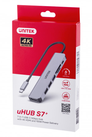 UNITEK HUB USB-C 7W1, HDMI 4K, PD 100W, 5GBPS, ALU