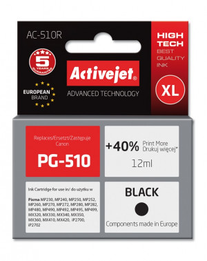 Activejet AC-510R Tusz do drukarki Canon, Zamiennik Canon PG-510; Premium; 12 ml; czarny. Drukuje więcej o 40%.