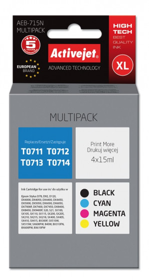 Activejet AEB-715N Tusz do drukarki Epson, Zamiennik Epson T0715; Supreme; 4 x 15 ml; czarny, purpurowy, błękitny, żółty.