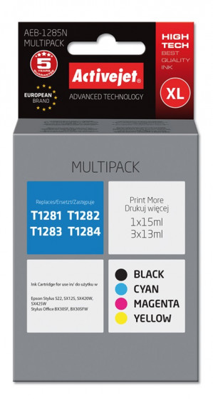 Activejet AEB-1285N Tusz do drukarki Epson, Zamiennik Epson T1281, T1282, T1283, T1284; Supreme; 1 x 15 ml, 3 x 13 ml; czarny, purpurowy, błękitny, żółty.