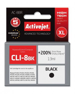Tusz Activejet AC-8BR do drukarki Canon, Zamiennik Canon CLI-8Bk; Premium; 13 ml; czarny. Drukuje więcej o 200%.
