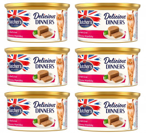 BUTCHER'S Delicious Dinners Cat- mokra karma dla kota z wołowiną i wątróbką w formie musu - puszka - 6x85g