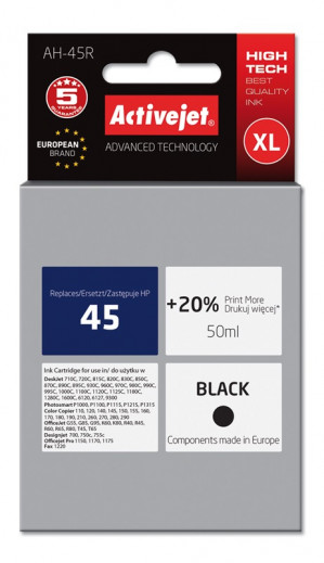 Activejet AH-45R Tusz do drukarki HP, Zamiennik HP 45 51645A; Premium; 50 ml; czarny. Drukuje więcej o 20%.