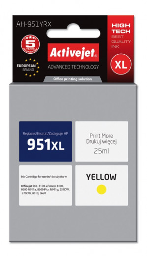 Tusz Activejet AH-951YRX do drukarki HP, Zamiennik HP 951XL CN048AE; Premium; 25 ml; żółty.