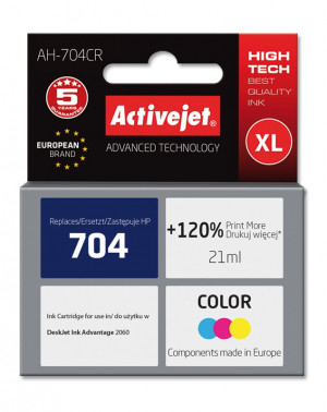 Activejet AH-704CR Tusz do drukarki HP, Zamiennik HP 704 CN693AE; Premium; 21 ml; kolor. Drukuje więcej o 120%.