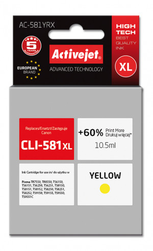 Tusz Activejet AC-581YRX do drukarki Canon, Zamiennik Canon CLI-581Y XL; Premium; 10.5 ml; żółty. Drukuje więcej o 60%.