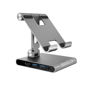 Podstawka ergonomiczna do iPad Pro ze stacją dokującą j5create Multi-Angle Stand with Docking Station for iPad Pro USB-C 1x4K HDMI/2xUSB 3.1/1xUSB-C/ Card Reader/ 3.5mm combo audio jack; kolor srebrny JTS224-N