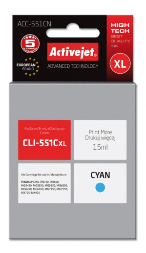 Activejet ACC-551CN Tusz do drukarki Canon, Zamiennik Canon CLI-551C; Supreme; 15 ml; błękitny.
