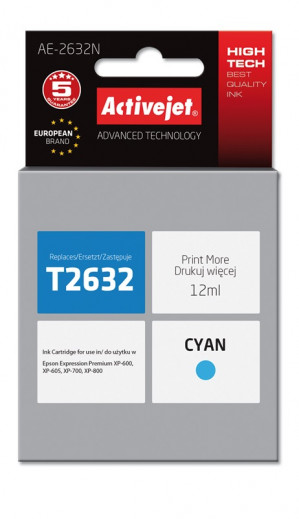 Activejet AE-2632N Tusz do drukarki Epson, Zamiennik Epson 26 T2632; Supreme; 12 ml; błękitny.