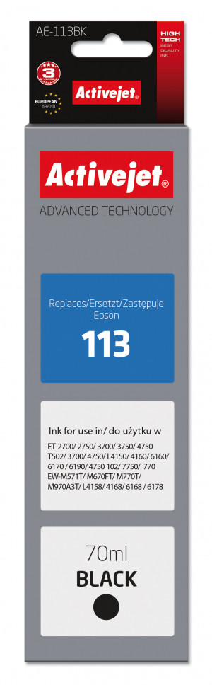 Activejet AE-113Bk Tusz do drukarki Epson, Zamiennik Epson 113 C13T06B140; Supreme; 70 ml; czarny.