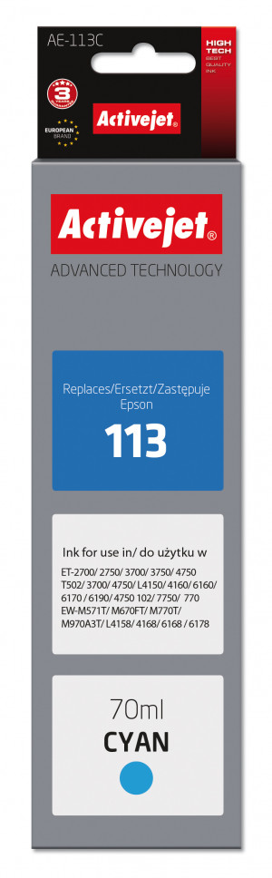 Activejet AE-113C Tusz do drukarki Epson, Zamiennik Epson 113 C13T06B240; Supreme; 70 ml; błekitny.