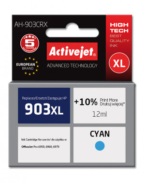 Activejet AH-903CRX Tusz do drukarki HP, Zamiennik HP 903XL T6M03AE; Premium; 12 ml; błękitny. Drukuje więcej o 10%.