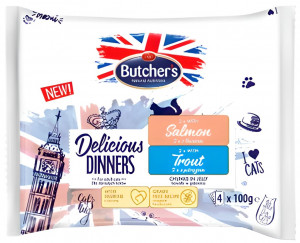 Butcher's Delicious Dinners, karma dla kota, kawałki z łososiem/z pstrągiem w galaretce, 4x100g