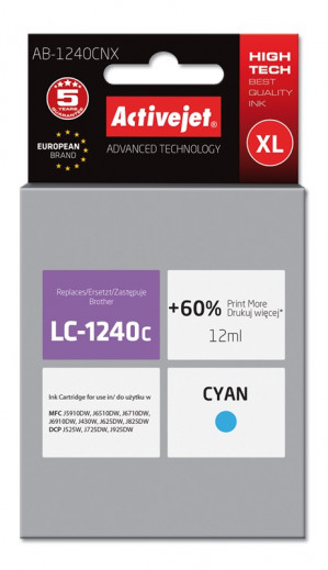 Activejet AB-1240CNX Tusz do drukarki Brother, Zamiennik Brother LC1240C/1220C; Supreme; 12 ml; błękitny. Drukuje więcej o 60%.