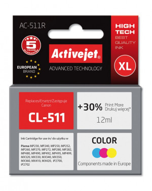 Activejet AC-511R Tusz do drukarki Canon, Zamiennik Canon CL-511; Premium; 12 ml; kolor. Drukuje więcej o 30%.