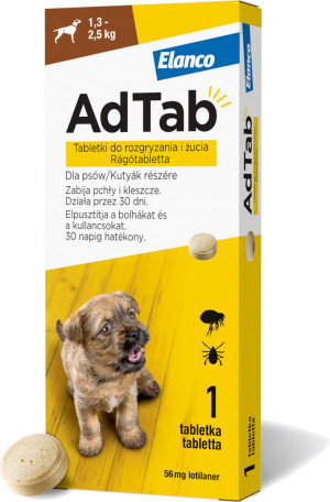 AdTab Tabletki do rozgryzania i żucia dla psów na pchły i kleszcze (1,3-2,5kg) 1x 56mg