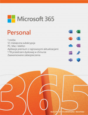 Microsoft 365 Personal (1 osoba.; 5 urządzeń ; 12 miesięcy; wersja fizyczna; komercyjna; Polska) (QQ2-01752)