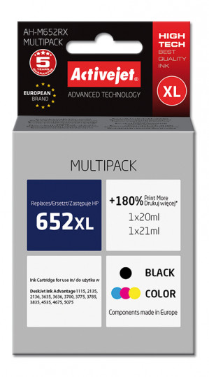 Activejet AH-M652RX Tusz do drukarki HP, Zamiennik HP 652 F6V25AE/F6V24AE; Premium; 1 x 20 ml, 1 x 21 ml; 1580 stron, czarny, kolor. Drukuje więcej o 180%.