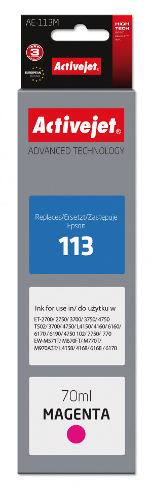 Activejet AE-113M Tusz do drukarki Epson, Zamiennik Epson 113 C13T06B340; Supreme; 70 ml; purpurowy.