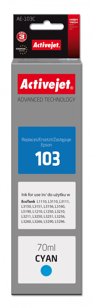 Activejet AE-103C Tusz do drukarki Epson, Zamiennik Epson 103 C13T00S24A; Supreme; 70 ml; błękitny.