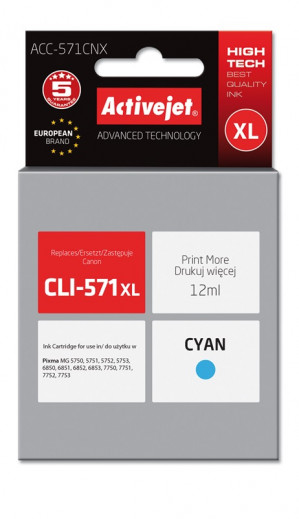 Activejet ACC-571CNX Tusz do drukarki Canon, Zamiennik Canon CLI-571XLC; Supreme; 12 ml; błękitny.