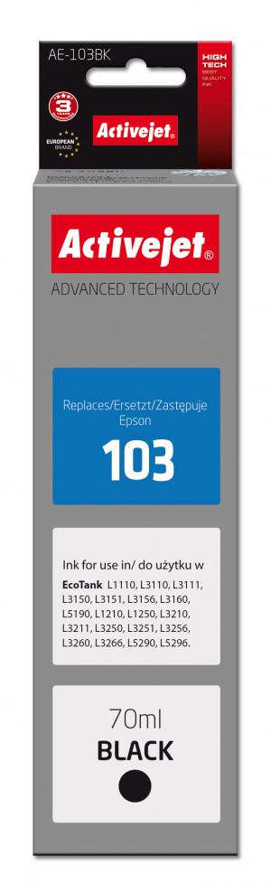 Activejet AE-103Bk Tusz do drukarki Epson, Zamiennik Epson 103 C13T00S14A; Supreme; 70 ml; 4500, czarny. Buteleczki z atramentem.