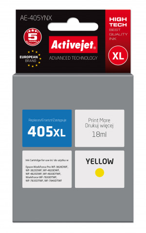 Activejet AE-405YNX Tusz do drukarki Epson, Zamiennik Epson 405XL C13T05H44010; Supreme; 18 ml; żółty.