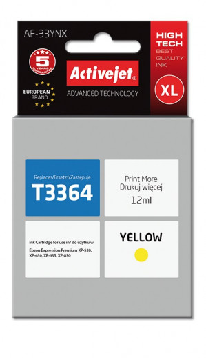 Activejet AE-33YNX Tusz do drukarki Epson, Zamiennik Epson 33XL T3364; Supreme; 12 ml; żółty.