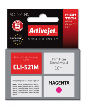 Tusz Activejet ACC-521MN do drukarki Canon, Zamiennik Canon CLI-521M; Supreme; 10 ml; purpurowy.