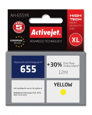 Activejet AH-655YR Tusz do drukarki HP, Zamiennik HP 655 CZ112AE; Premium; 12 ml; żółty. Drukuje więcej o 30%.