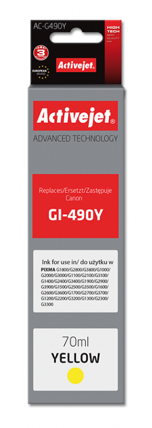 Activejet AC-G490Y Tusz do drukarki Canon, Zamiennik Canon GI-490Y; Supreme; 70 ml; 7000 stron, żółty.