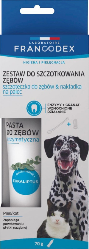 FRANCODEX Zestaw do szczotkowania zębów - szczoteczka, nakładka na palec i pasta do zębów 70 g - dla psa i kota