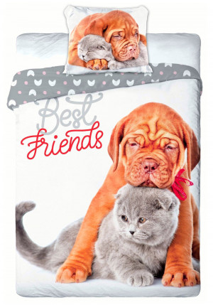 Pościel młodzieżowa 013 BEST FRIENDS PIES I KOT komplet 140x200cm + poduszka 70x90cm