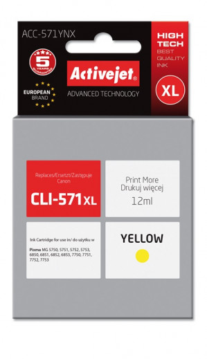 Tusz Activejet ACC-571YNX do drukarki Canon, Zamiennik Canon CLI-571Y XL; Supreme; 12 ml; żółty.