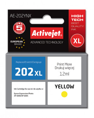 Activejet AE-202YNX Tusz do drukarki Epson, Zamiennik Epson 202XL H44010; Supreme; 12 ml; żółty.