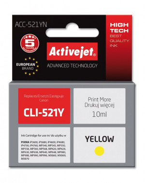 Activejet ACC-521YN Tusz do drukarki Canon, Zamiennik Canon CLI-521Y; Supreme; 10 ml; żółty.