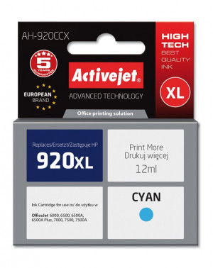 Activejet AH-920CCX Tusz do drukarki HP, Zamiennik HP 920XL CD972AE; Premium; 12 ml; błękitny.