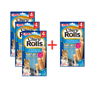 INABA Churu Rolls Kurczak z tuńczykiem i przegrzebkiem - przysmak dla kota 3x(4x10g) + 4x10g GRATIS!