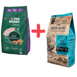 PAN MIĘSKO Indyk z krewetkami dla psa 9kg + WIEJSKA ZAGRODA Indyk z łososiem dla kota 10kg - sucha karma dla psa i kota