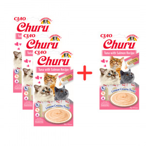 INABA Churu Tuńczyk z łososiem - przysmak dla kota - 3 x (4 x14 g) + 4 x 14g Gratis!