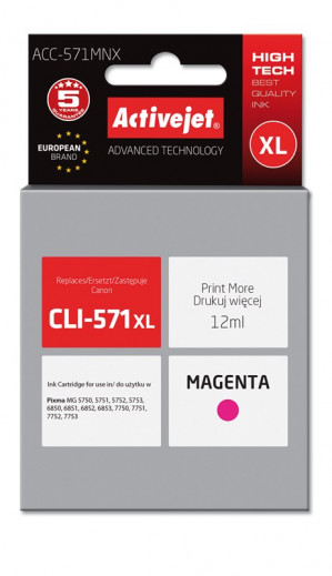 Tusz Activejet ACC-571MNX do drukarki Canon, Zamiennik Canon CLI-571M XL; Supreme; 12 ml; purpurowy.