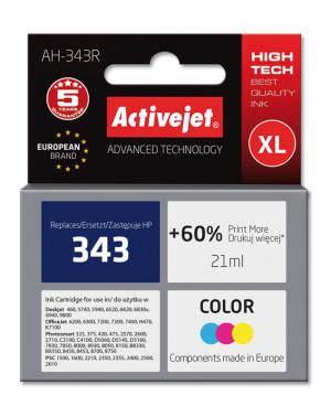 Activejet AH-343R Tusz do drukarki HP, Zamiennik HP 343 C8766EE; Premium; 21 ml; kolor. Drukuje więcej o 60%.