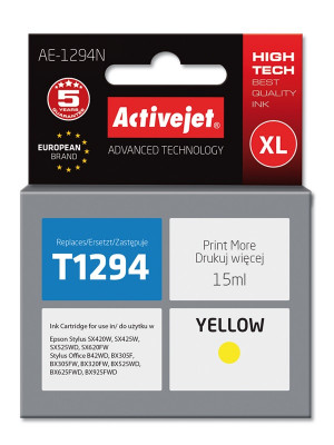 Activejet AE-1294N Tusz do drukarki Epson, Zamiennik Epson T1294; Supreme; 15 ml; żółty.