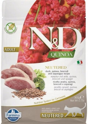 FARMINA N&D Quinoa Cat Duck, Broccoli, Asparagus Neutered Adult - sucha karma dla kota - 300 g
