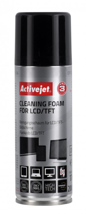 Activejet AOC-104 Pianka do czyszczenia matryc (200 ml) Antystatyczna pianka z aktywnymi cząsteczkami środków powierzchniowo-czynnych, usuwająca wszelkiego rodzaju zanieczyszczenia z wyświetlaczy ciekłokrystalicznych TFT w laptopach