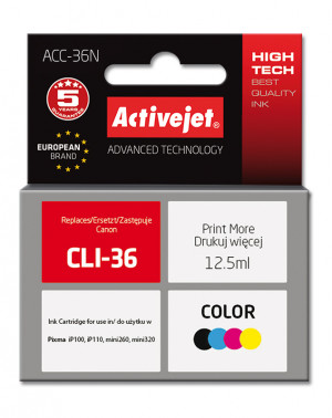 Tusz Activejet ACC-36N do drukarki Canon, Zamiennik Canon CLI-36; Supreme; 12,5 ml; kolor.