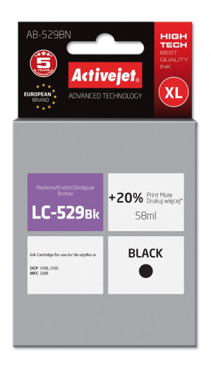 Activejet AB-529BN Tusz do drukarki Brother, Zamiennik Brother LC529BK; Supreme; 58 ml; czarny. Drukuje więcej o 20%.