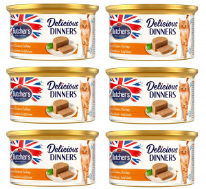 BUTCHER'S Delicious Dinners Cat z kurczakiem i indykiem - mokra karma dla kota w formie musu - puszka 6x85g