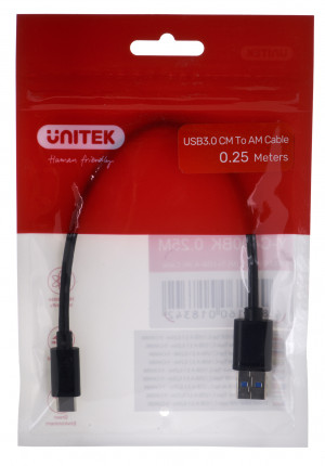 UNITEK KABEL USB-C - USB-A 3.1,M/M,0,25M, Y-C490BK